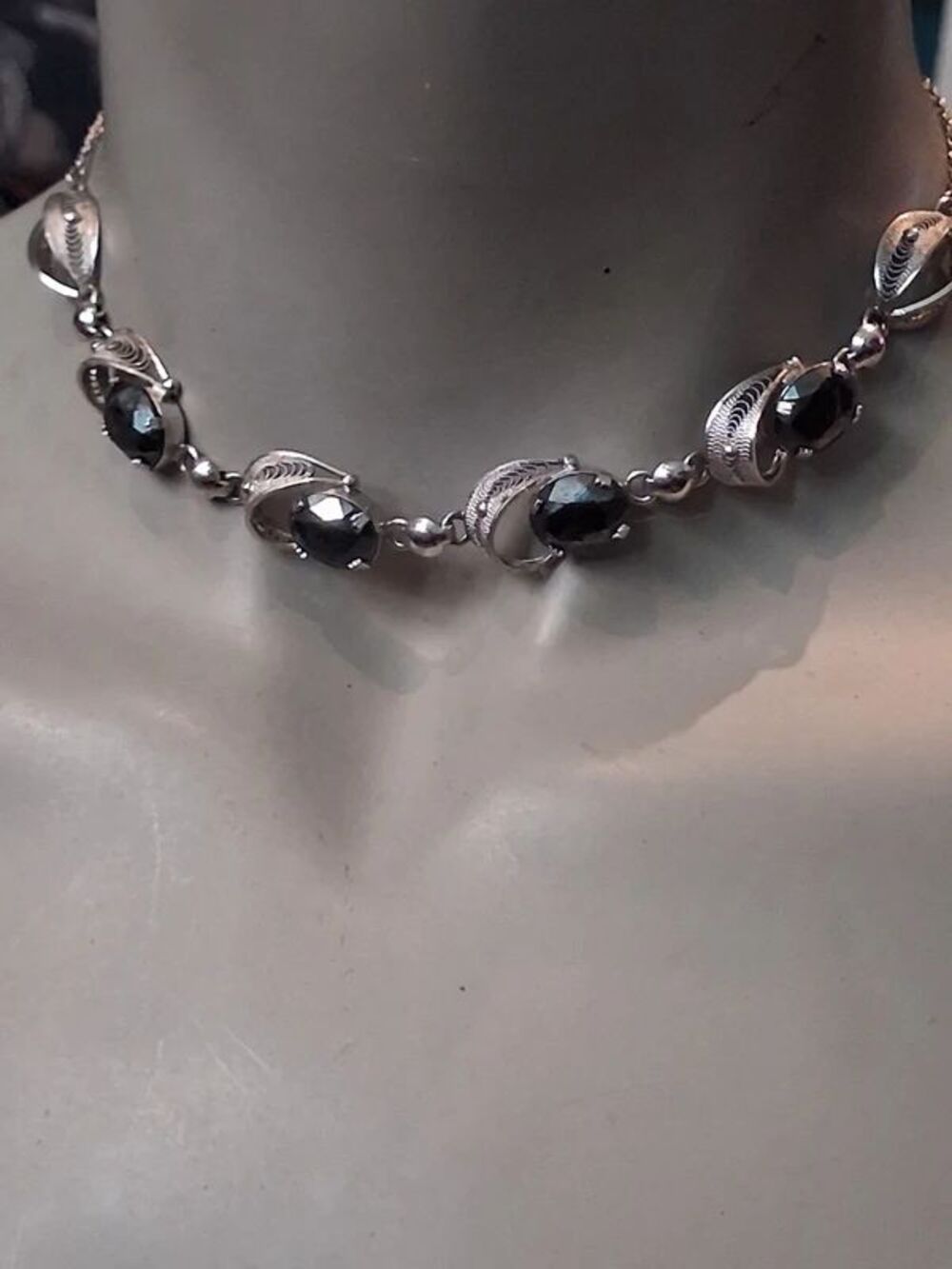 925 Sterling Silver Antique Art Deco Real Hematite Filigree Sorrento Necklace 16